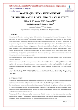 WATER QUALITY ASSESSMENT of VRISHABHAVATHI RIVER, BIDADI a CASE STUDY Vidya