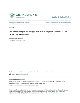 Sir James Wright in Georgia: Local and Imperial Conflict in the American Revolution