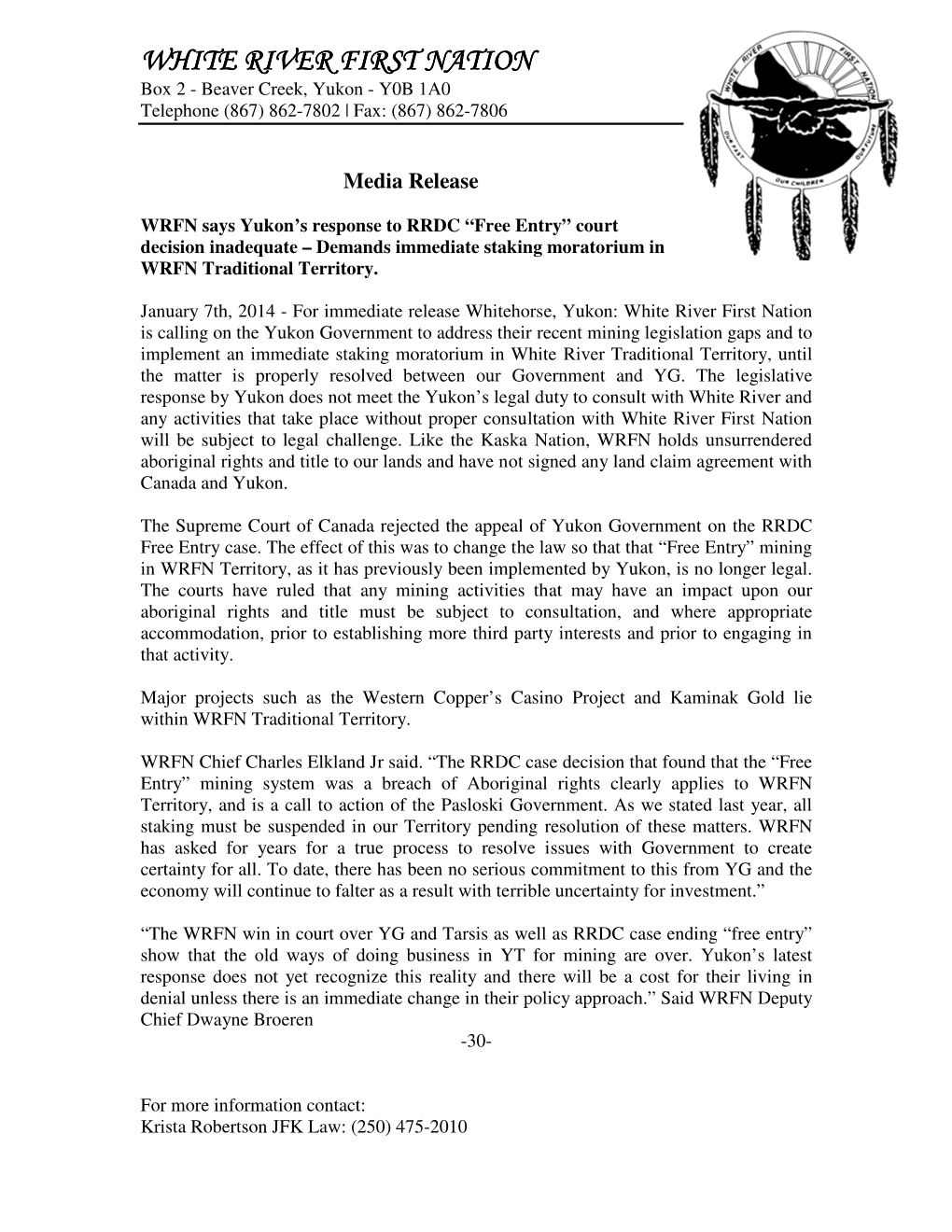 White River First Nation News Release