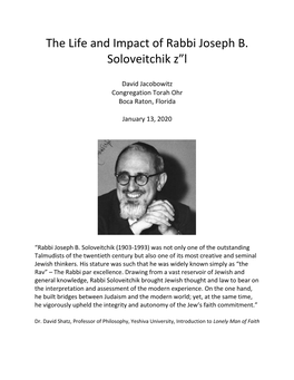 The Life and Impact of Rabbi Joseph B. Soloveitchik Z”L
