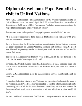 Diplomats Welcome Pope Benedict's Visit to United Nations