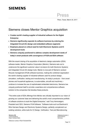 Press Relaease: Siemens Closes Mentor Graphics Acquisition