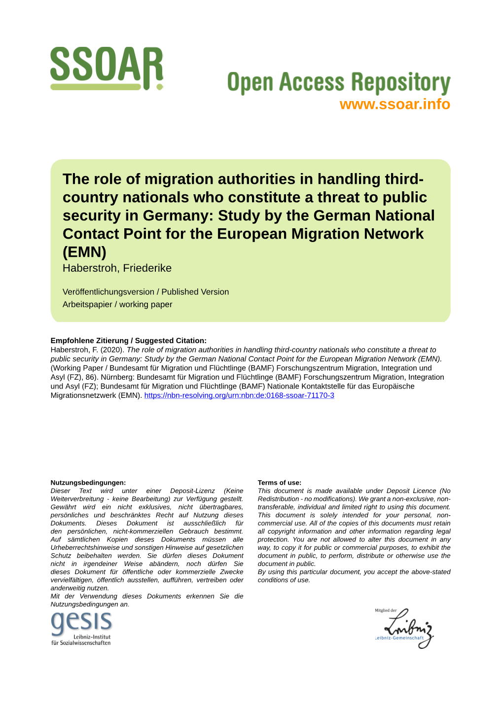 The Role of Migration Authorities in Handling Third-Country Nationals Who Constitute a Threat to Public Security in Germany