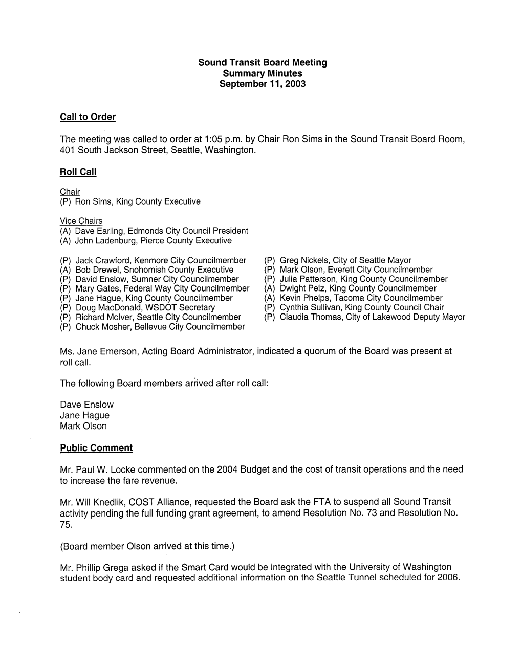 Sound Transit Board Meeting Summary Minutes September 11, 2003