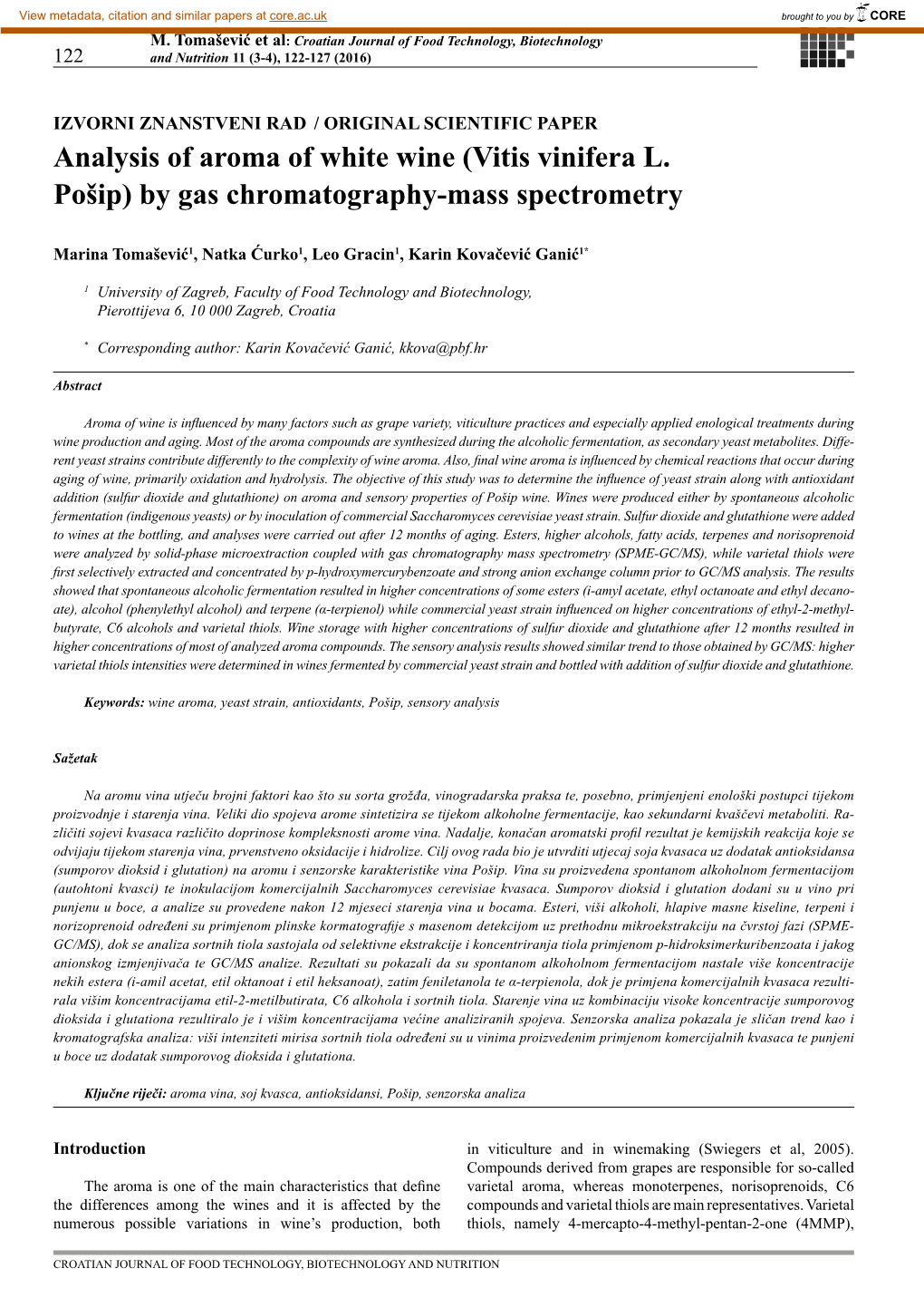 Analysis of Aroma of White Wine (Vitis Vinifera L