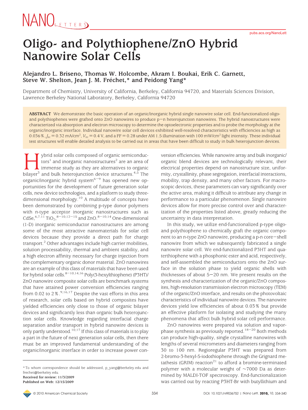 Oligo- and Polythiophene/Zno Hybrid Nanowire Solar Cells