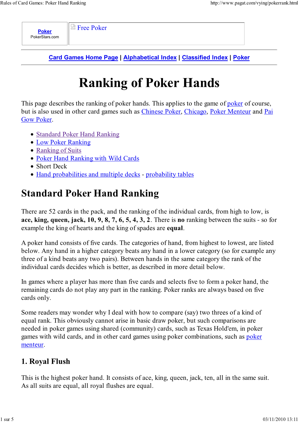 Rules of Card Games: Poker Hand Ranking