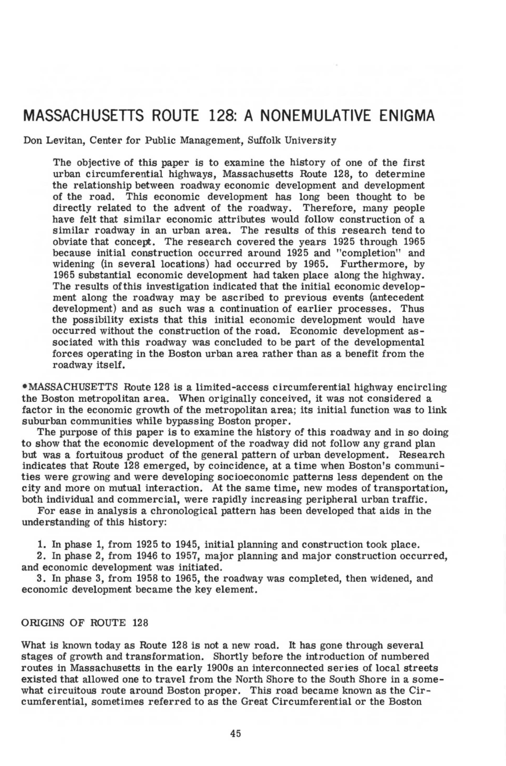 Massachusetts Route 128, to Determine the Relationship Between Roadway Economic Development and Development of the Road