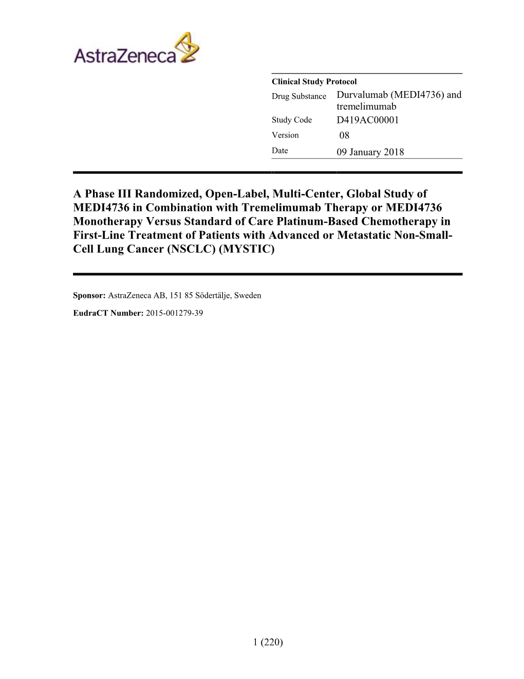 Tremelimumab Study Code D419AC00001 Version 08 Date 09 January 2018