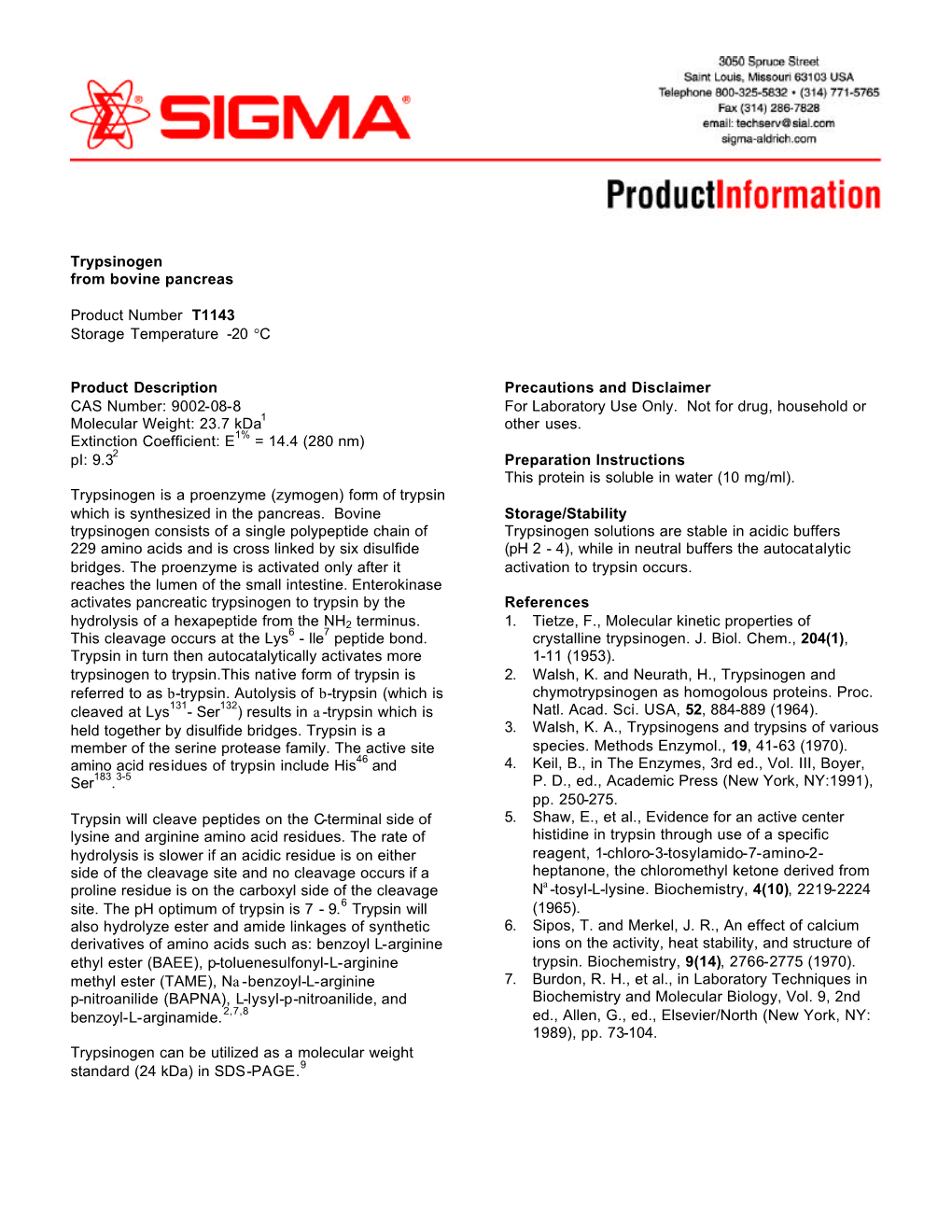 Trypsinogen from Bovine Pancreas Product Number T1143 Storage Temperature