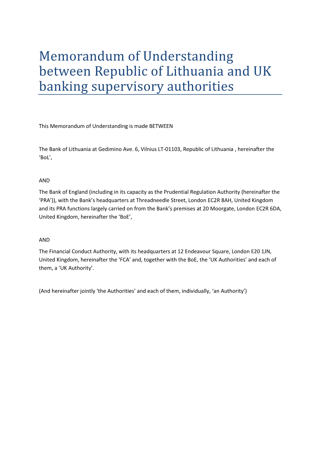 Memorandum of Understanding Between Republic of Lithuania and UK Banking Supervisory Authorities