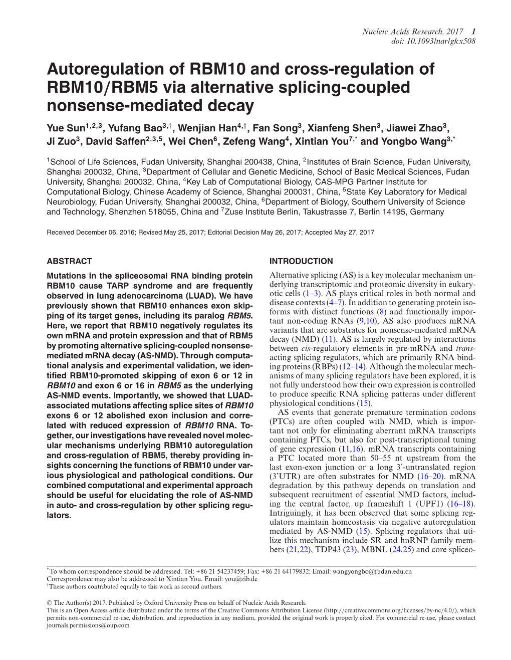 Autoregulation of RBM10 and Cross-Regulation of RBM10/RBM5