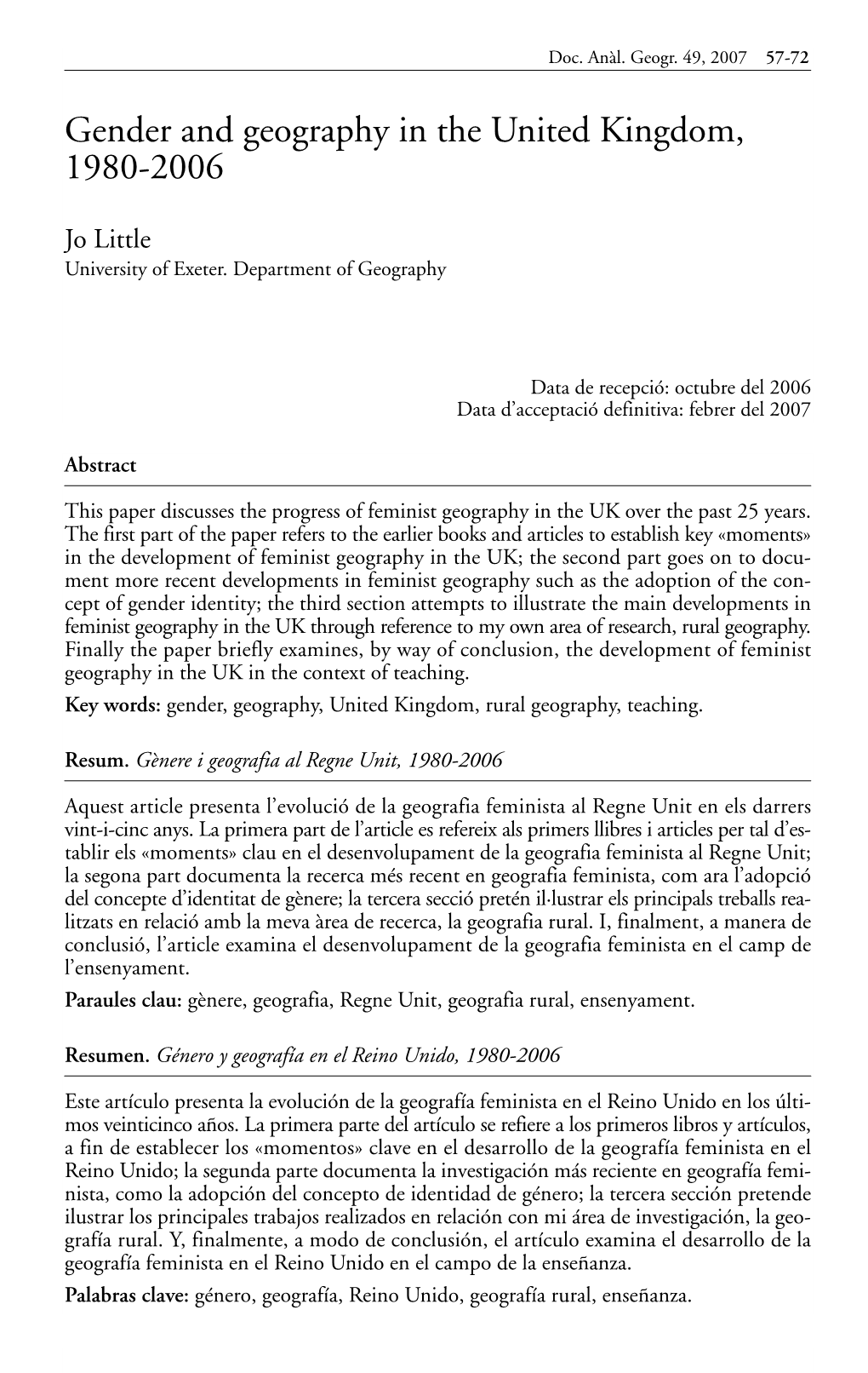 Gender and Geography in the United Kingdom, 1980-2006. Documents
