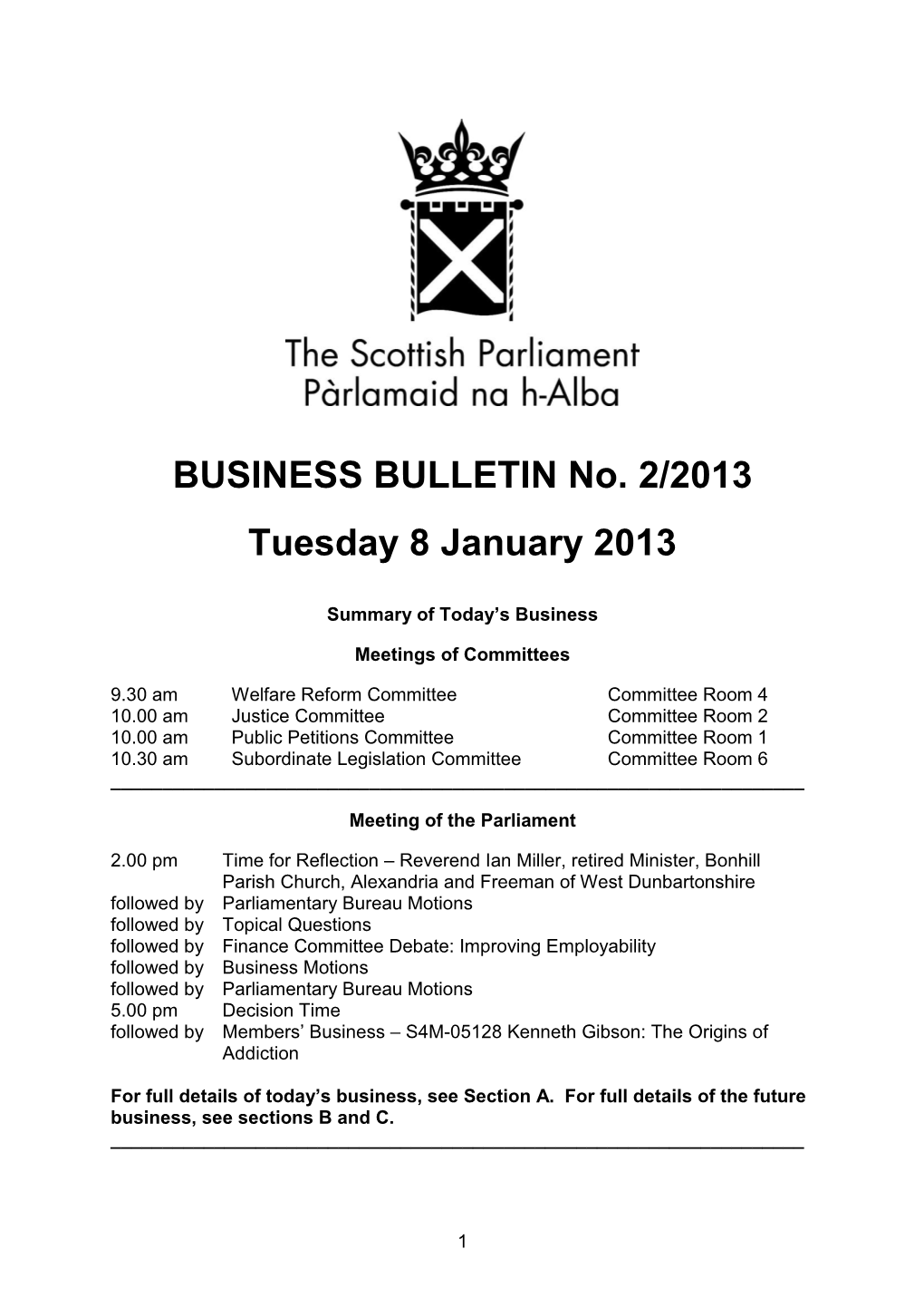 BUSINESS BULLETIN No. 2/2013 Tuesday 8 January 2013