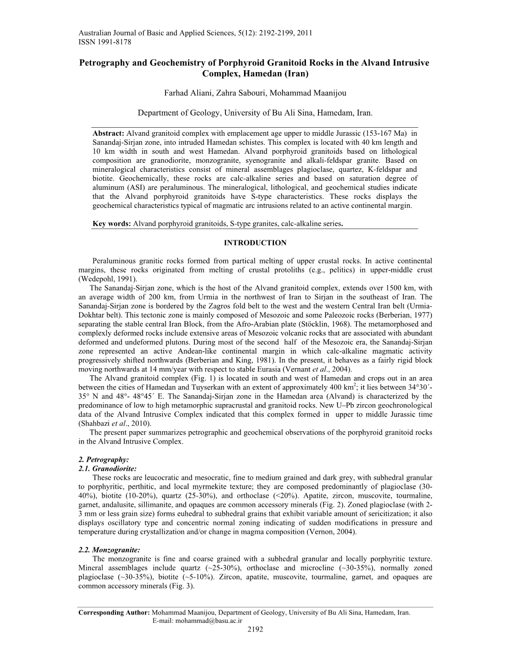 Petrography and Geochemistry of Porphyroid Granitoid Rocks in the Alvand Intrusive Complex, Hamedan (Iran)