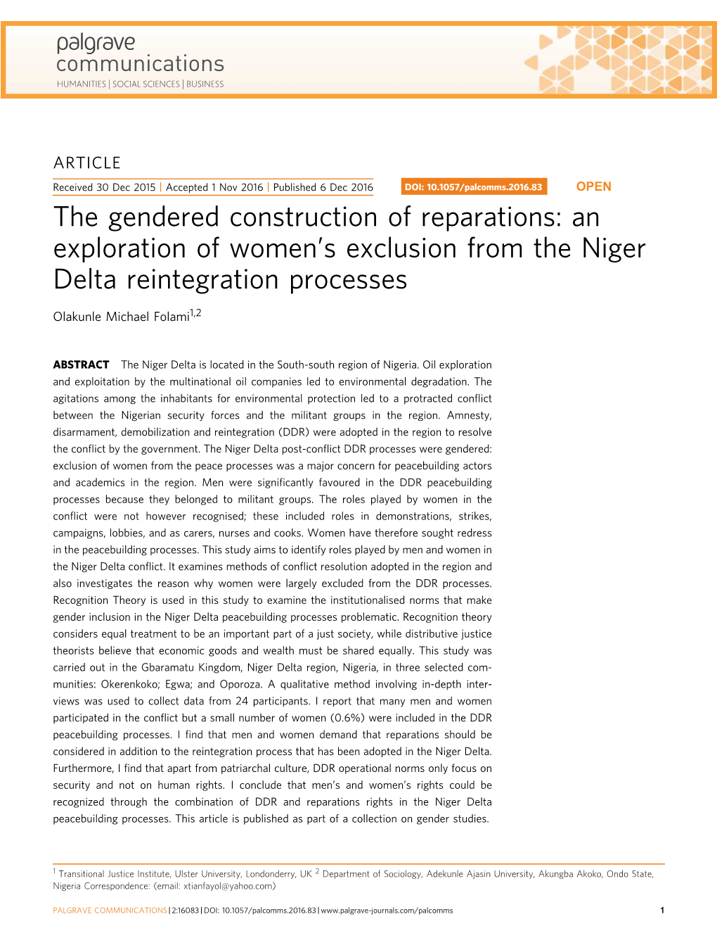 The Gendered Construction of Reparations: an Exploration of Women’S Exclusion from the Niger Delta Reintegration Processes