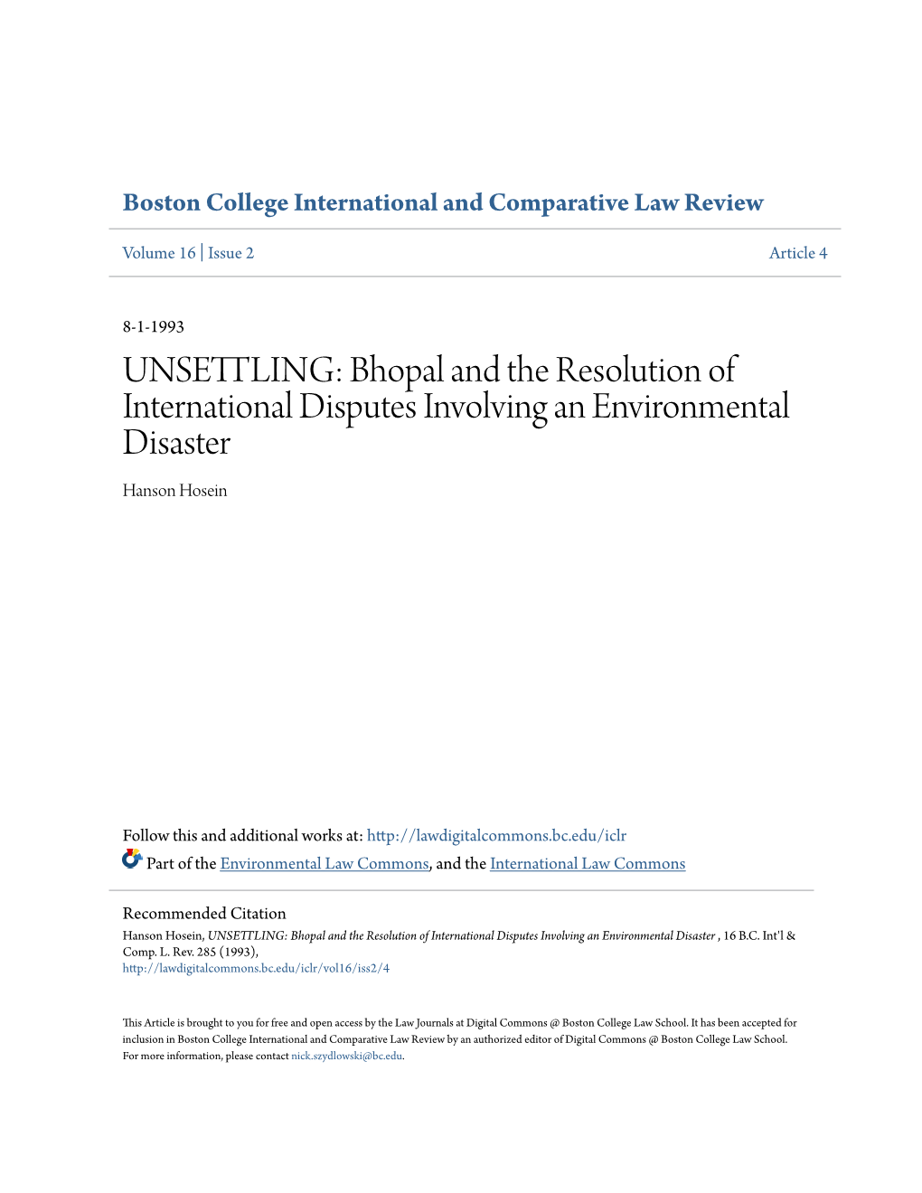 Bhopal and the Resolution of International Disputes Involving an Environmental Disaster Hanson Hosein