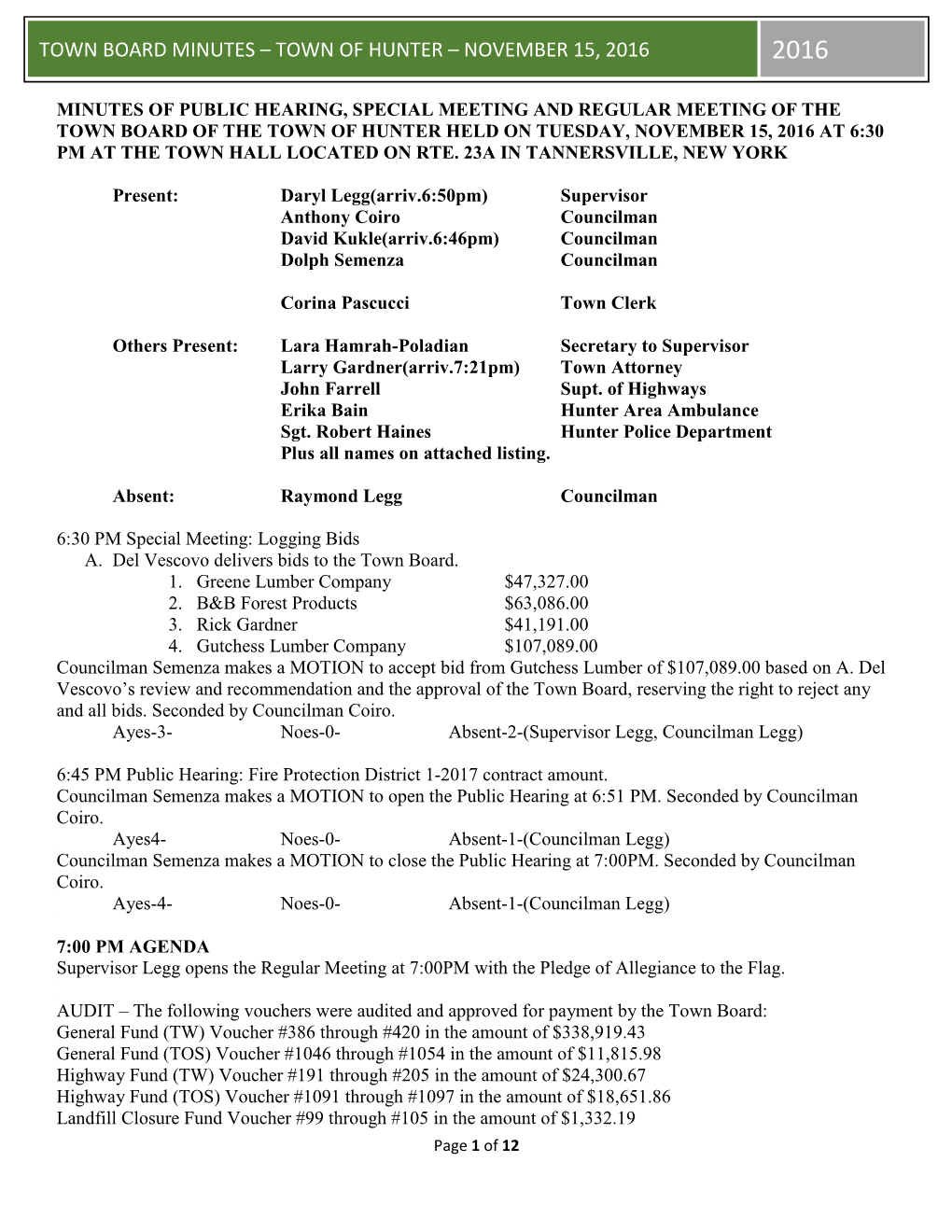 Town Board Minutes – Town of Hunter – November 15, 2016 2016