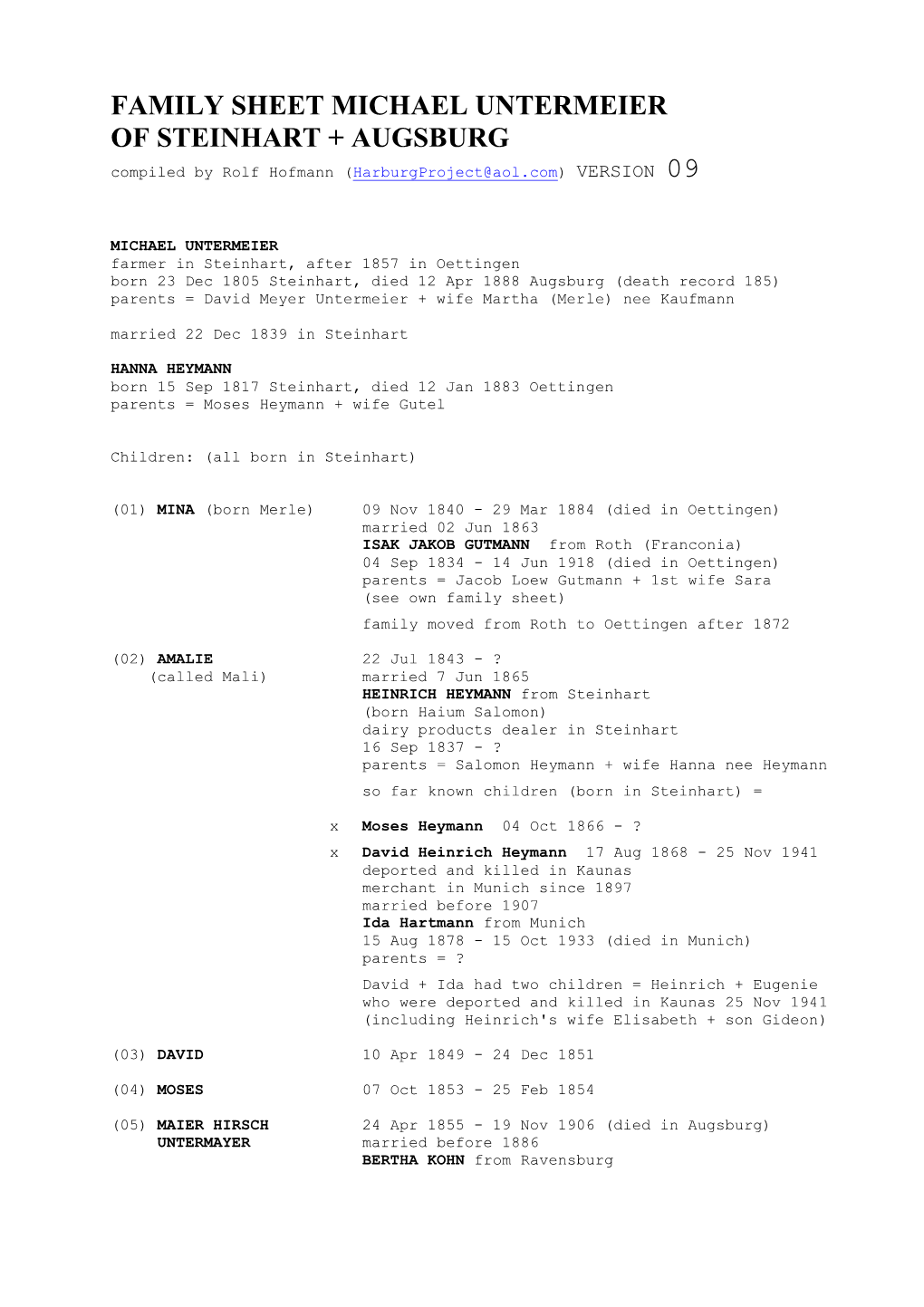 FAMILY SHEET MICHAEL UNTERMEIER of STEINHART + AUGSBURG Compiled by Rolf Hofmann ( Harburgproject@Aol.Com ) VERSION 09