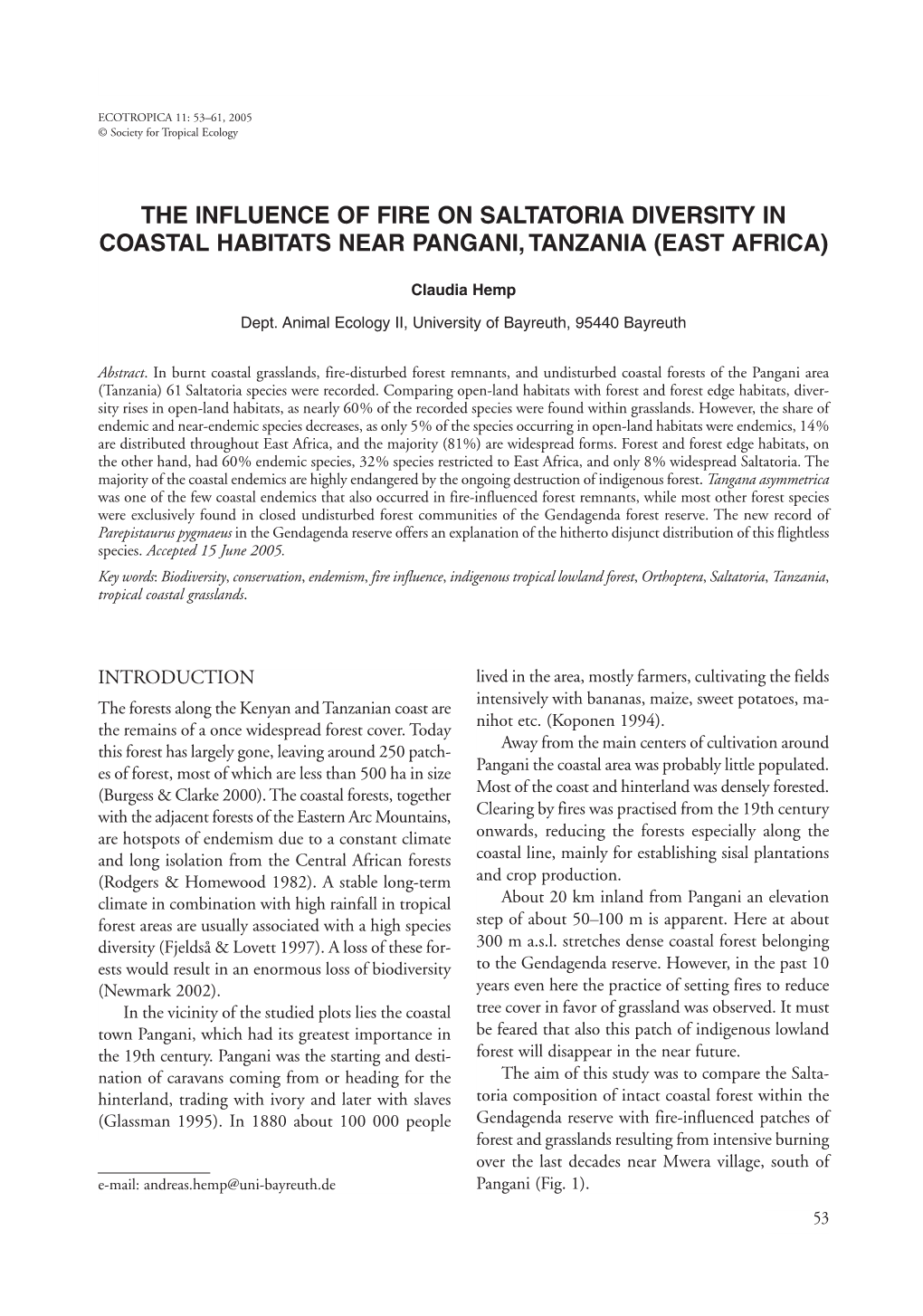 The Influence of Fire on Saltatoria Diversity in Coastal Habitats Near Pangani,Tanzania (East Africa)