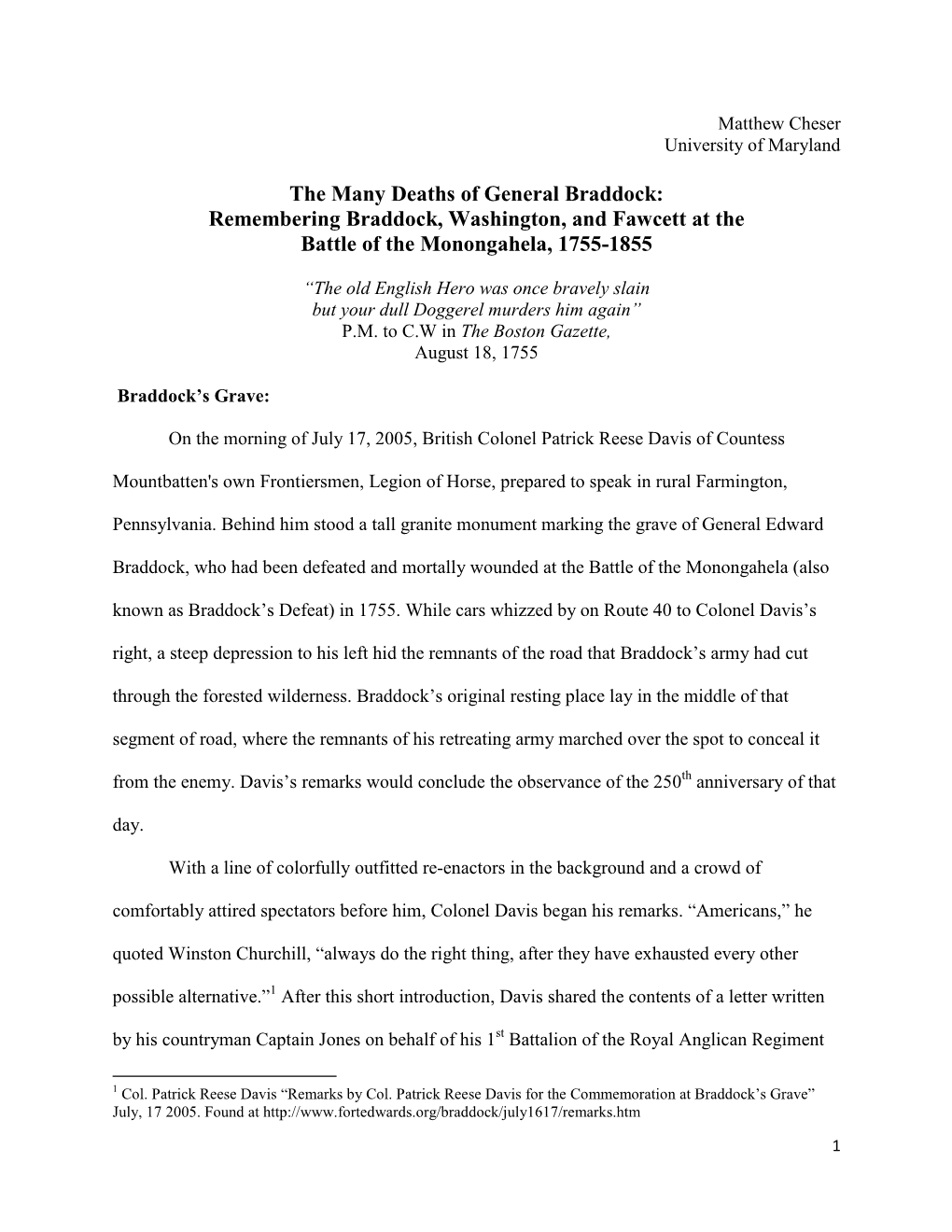 The Many Deaths of General Braddock: Remembering Braddock, Washington, and Fawcett at the Battle of the Monongahela, 1755-1855