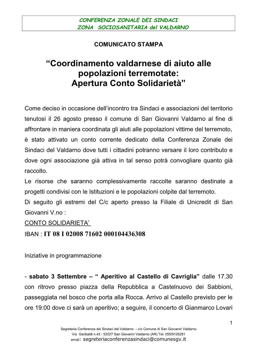 “Coordinamento Valdarnese Di Aiuto Alle Popolazioni Terremotate: Apertura Conto Solidarietà”