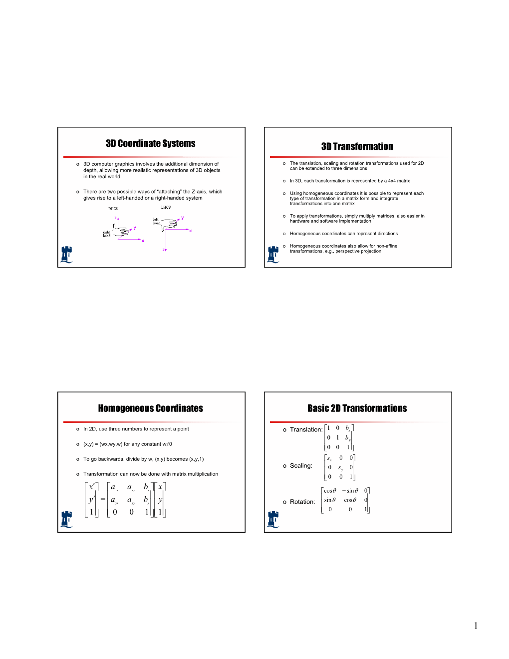 3D Coordinate Systems 3D Transformation Homogeneous