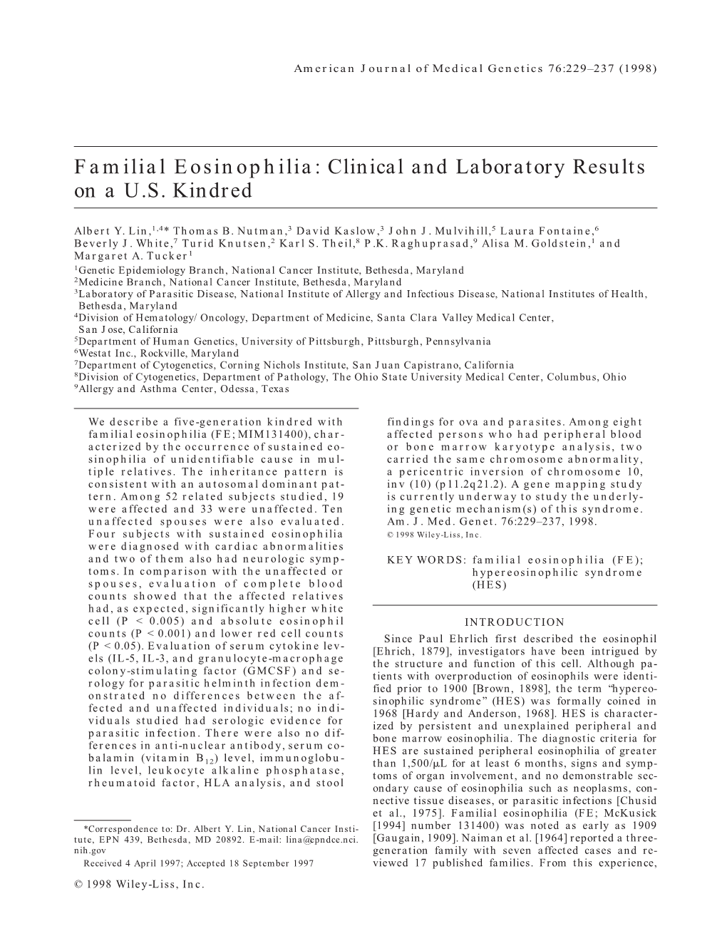 Familial Eosinophilia: Clinical and Laboratory Results on a U.S. Kindred