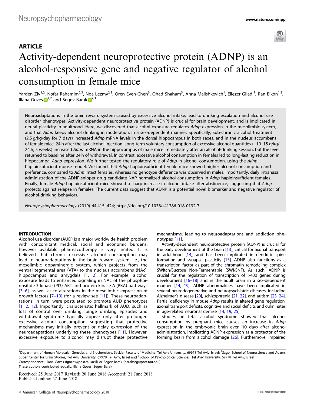 Activity-Dependent Neuroprotective Protein (ADNP) Is an Alcohol-Responsive Gene and Negative Regulator of Alcohol Consumption in Female Mice
