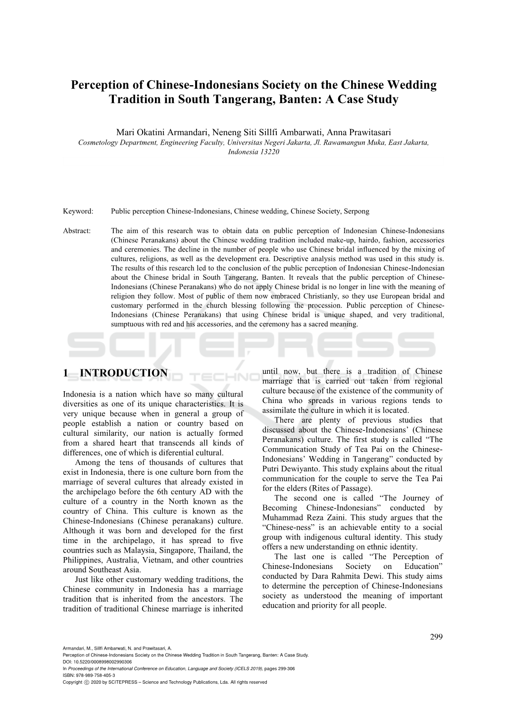 Perception of Chinese-Indonesians Society on the Chinese Wedding Tradition in South Tangerang, Banten: a Case Study