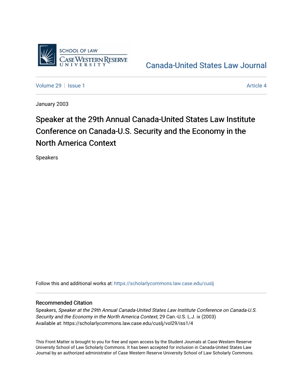 Speaker at the 29Th Annual Canada-United States Law Institute Conference on Canada-U.S