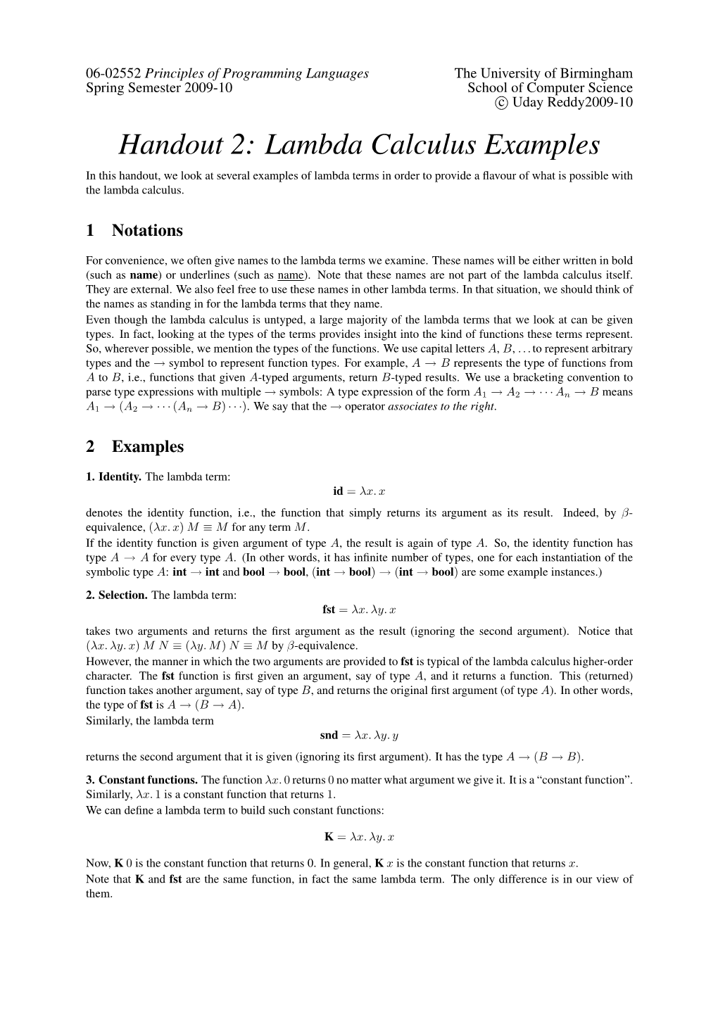 Handout 2: Lambda Calculus Examples