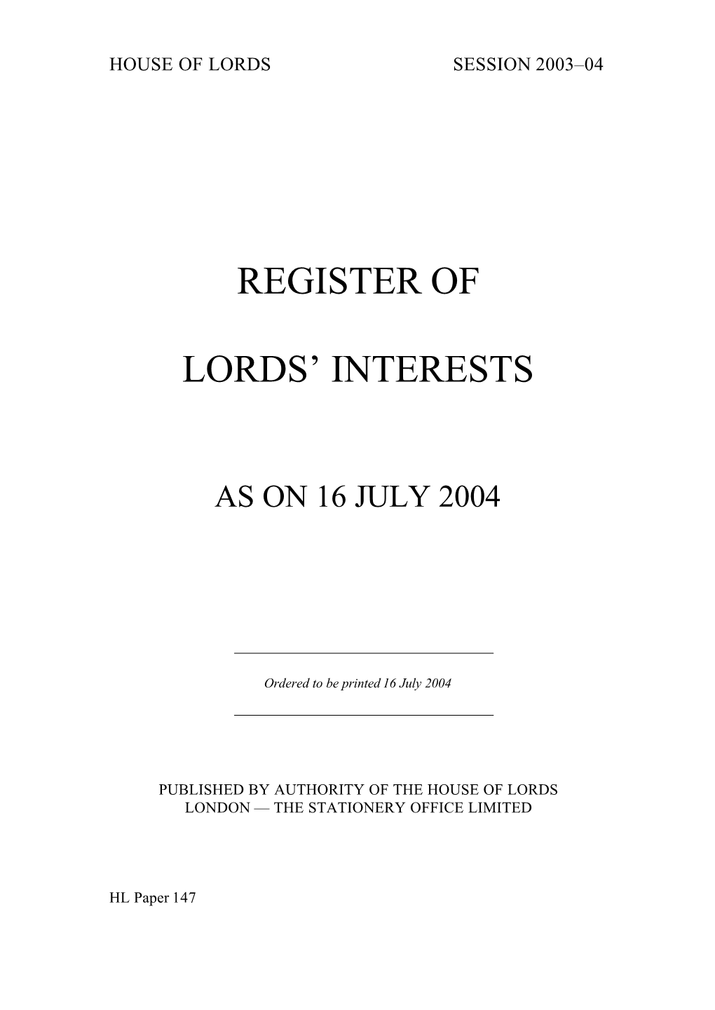 Register of Lords' Interests Session 2003-04