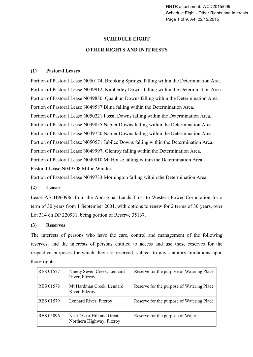 SCHEDULE EIGHT OTHER RIGHTS and INTERESTS (1) Pastoral