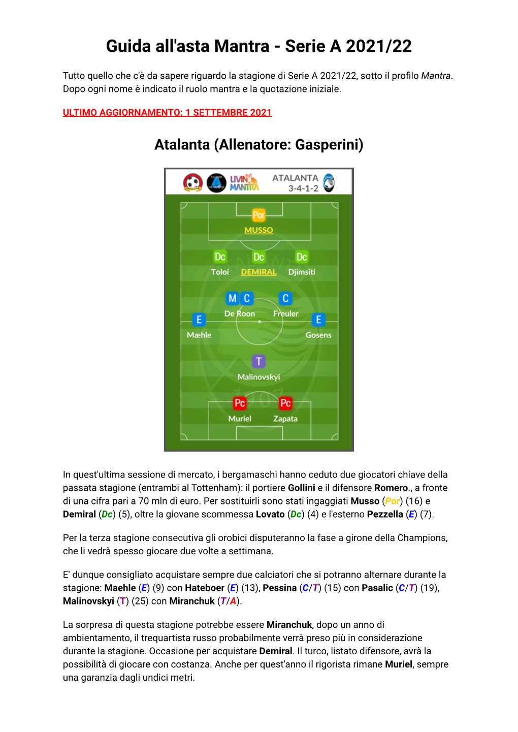 Guida All'asta Mantra - Serie a 2021/22