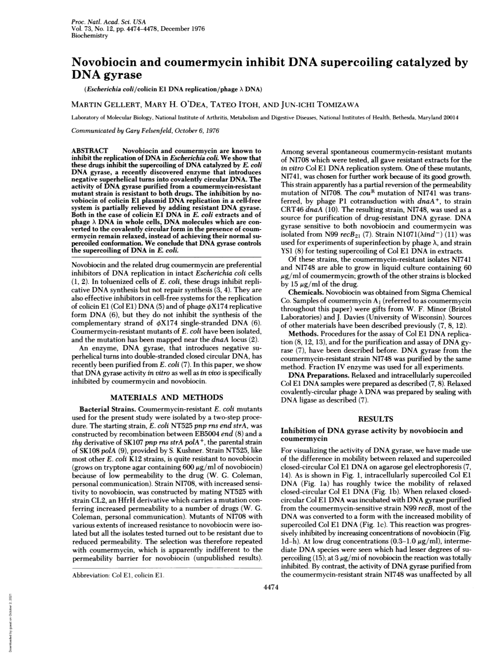 Novobiocin and Coumermycin Inhibit DNA Supercoiling Catalyzed by DNA Gyrase (Escherichia Coli/Colicin El DNA Replication/Phage a DNA) MARTIN GELLERT, MARY H