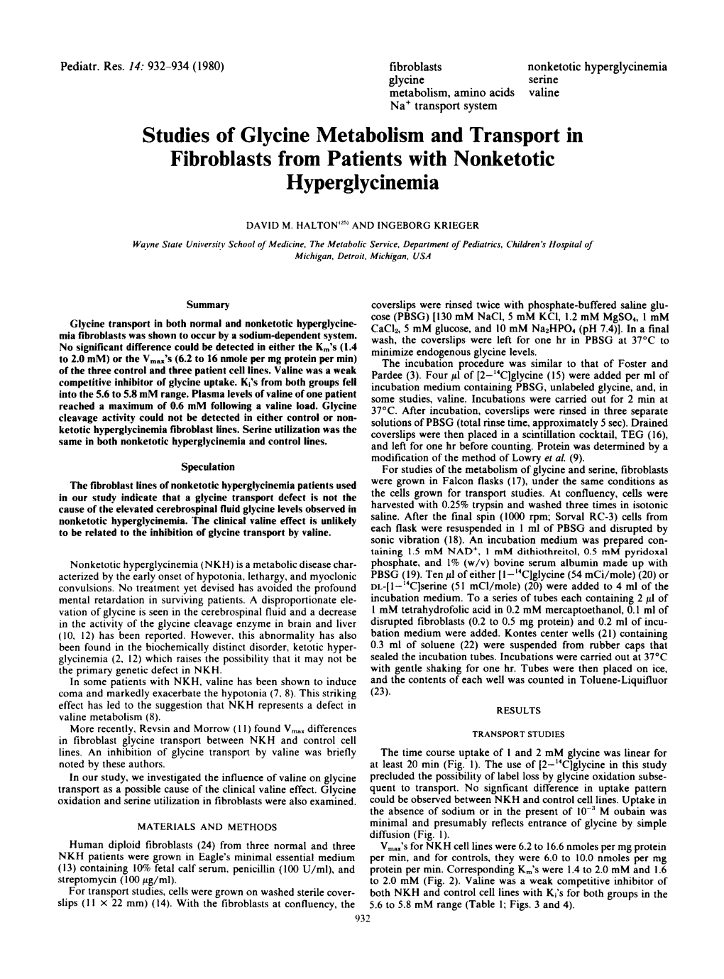 Studies of Glycine Metabolism and Transport in Fibroblasts from Patients with Nonketotic Hyperglycinemia