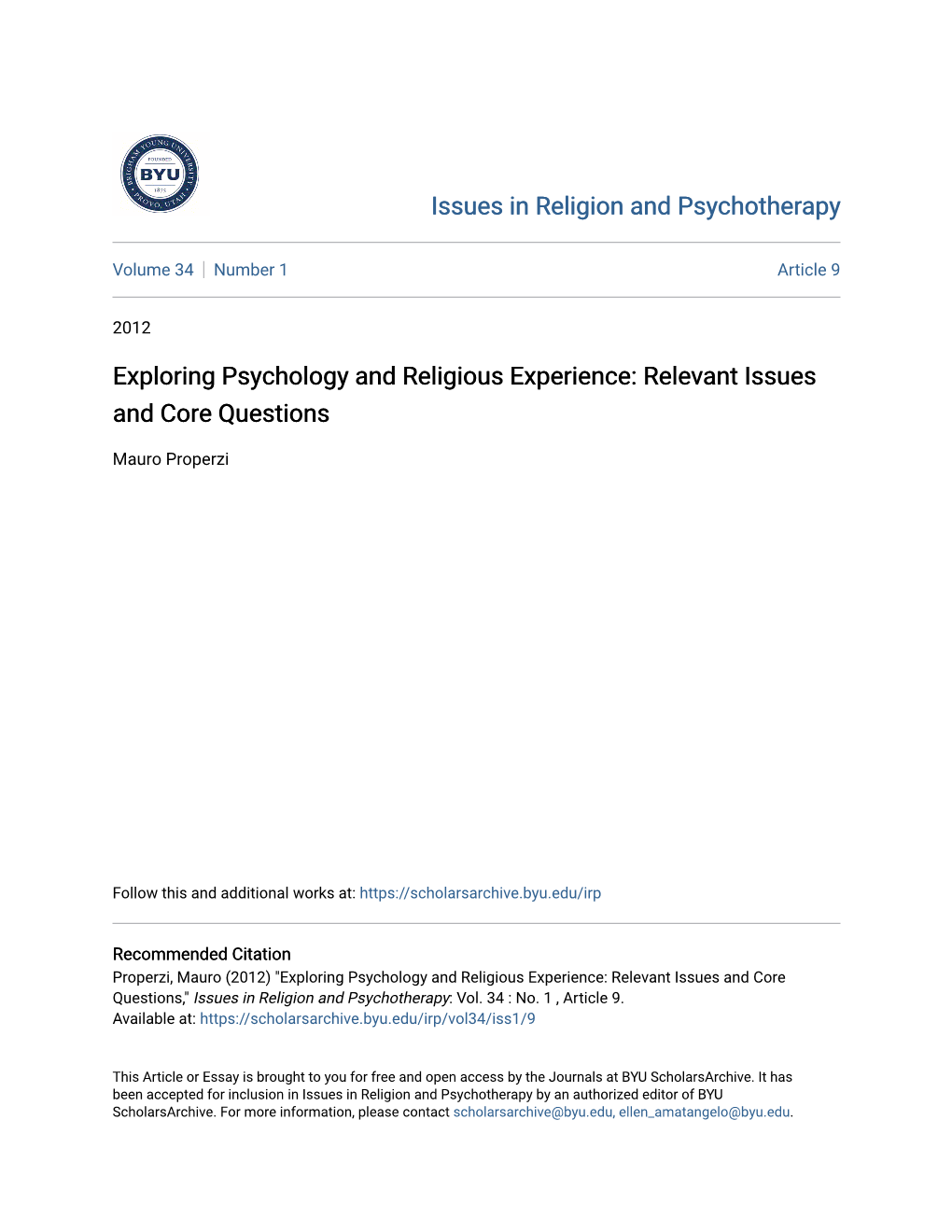 Exploring Psychology and Religious Experience: Relevant Issues and Core Questions