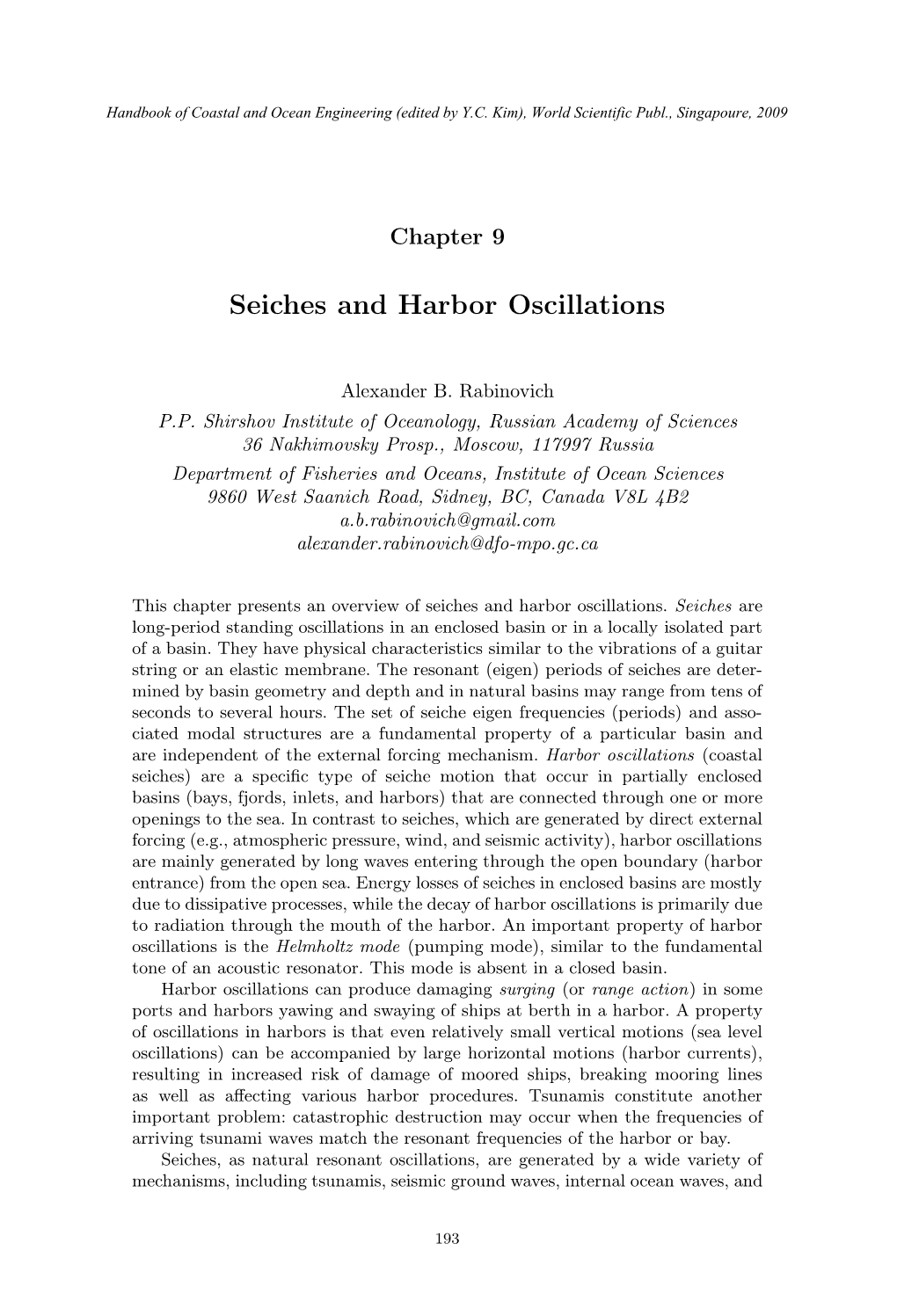 Seiches and Harbor Oscillations