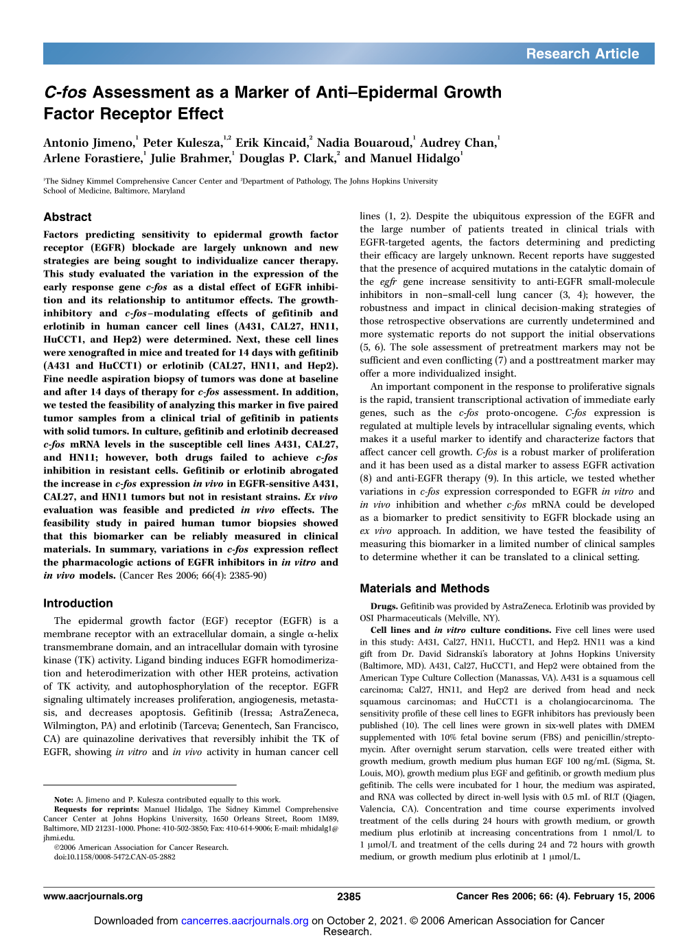 C-Fos Assessment As a Marker of Anti–Epidermal Growth Factor Receptor Effect