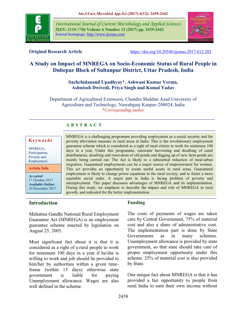 A Study on Impact of MNREGA on Socio-Economic Status of Rural People in Dubepur Block of Sultanpur District, Uttar Pradesh, India