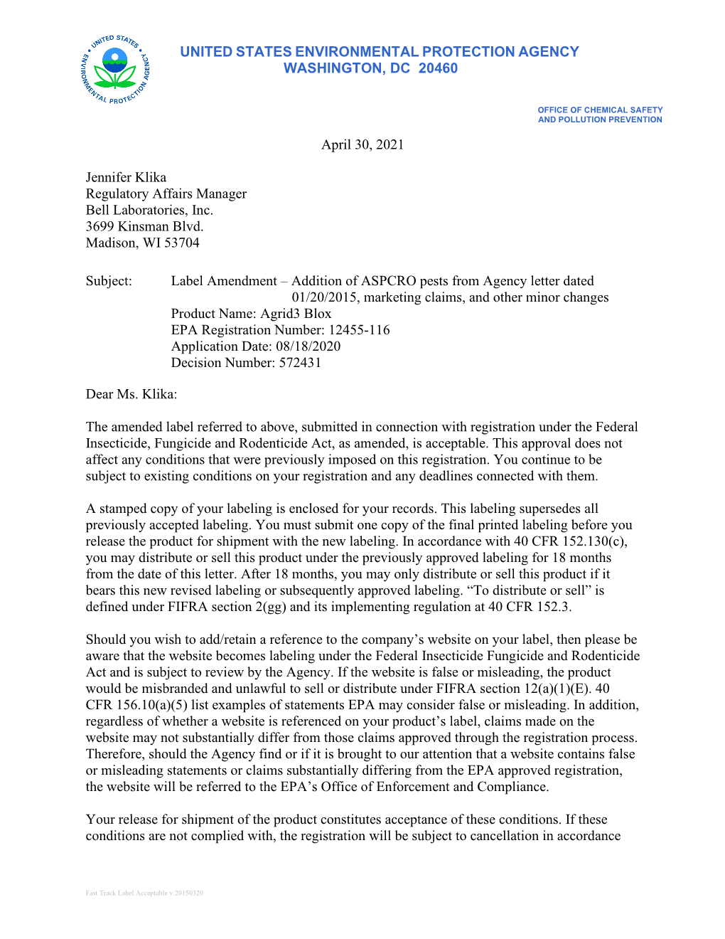 US EPA, Pesticide Product Label, AGRID3 BLOX,04/30/2021