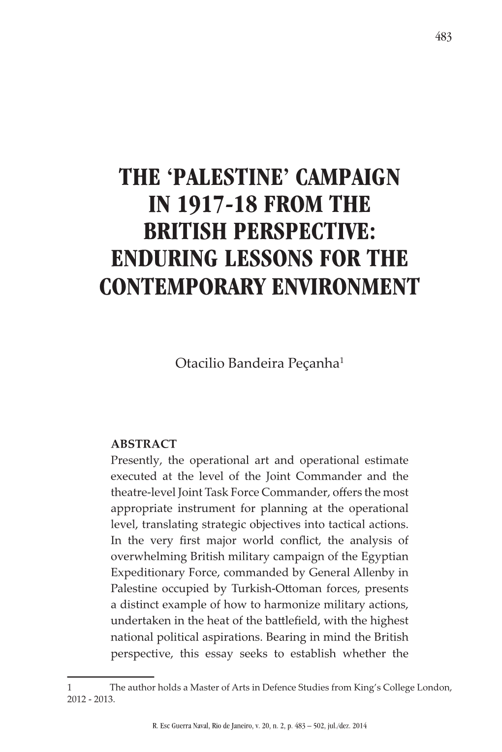 Palestine’ Campaign in 1917-18 from the British Perspective: Enduring Lessons for the Contemporary Environment