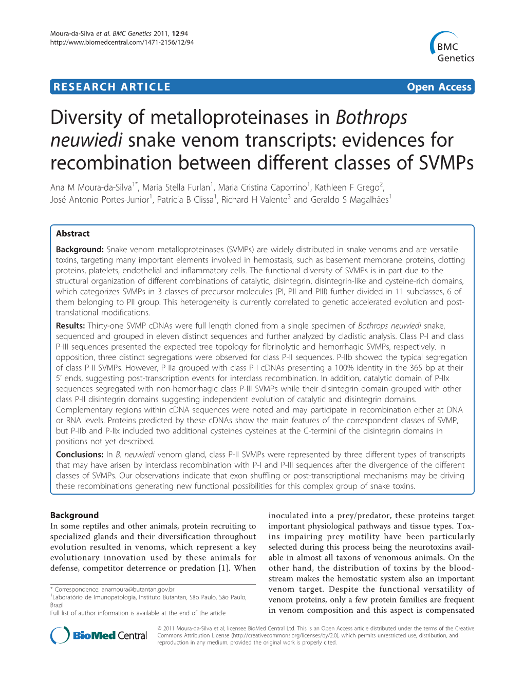 Diversity of Metalloproteinases in Bothrops Neuwiedi Snake Venom