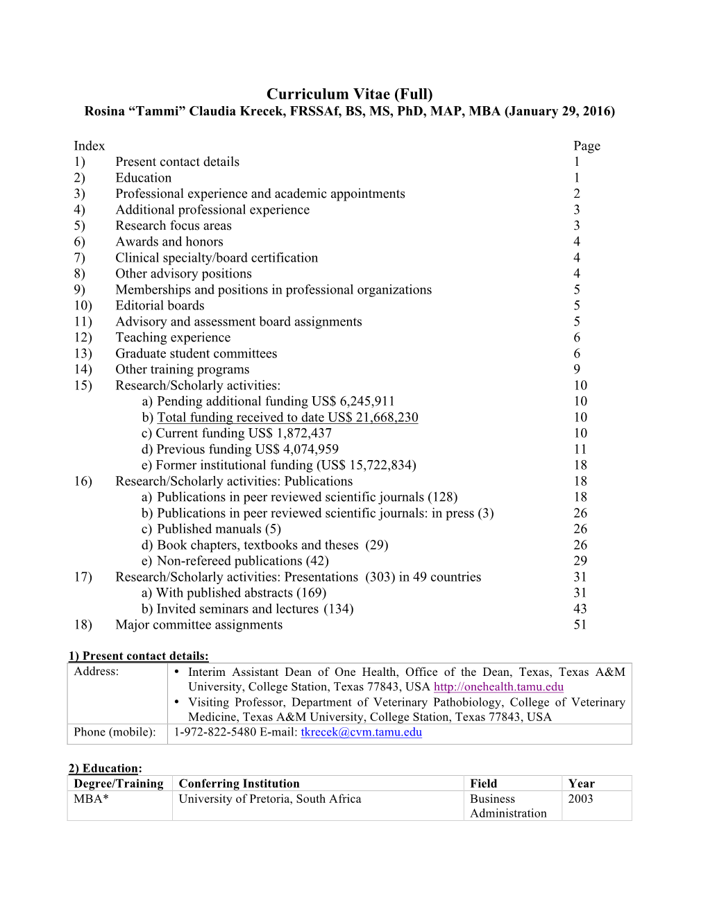 Full) Rosina “Tammi” Claudia Krecek, Frssaf, BS, MS, Phd, MAP, MBA (January 29, 2016)