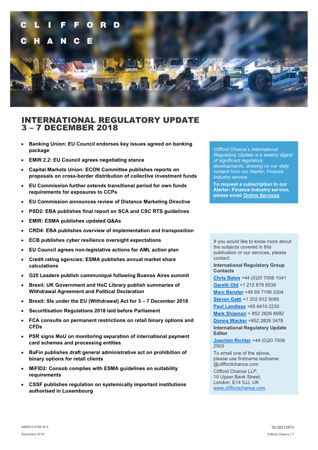 International Regulatory Update 3 – 7 December 2018