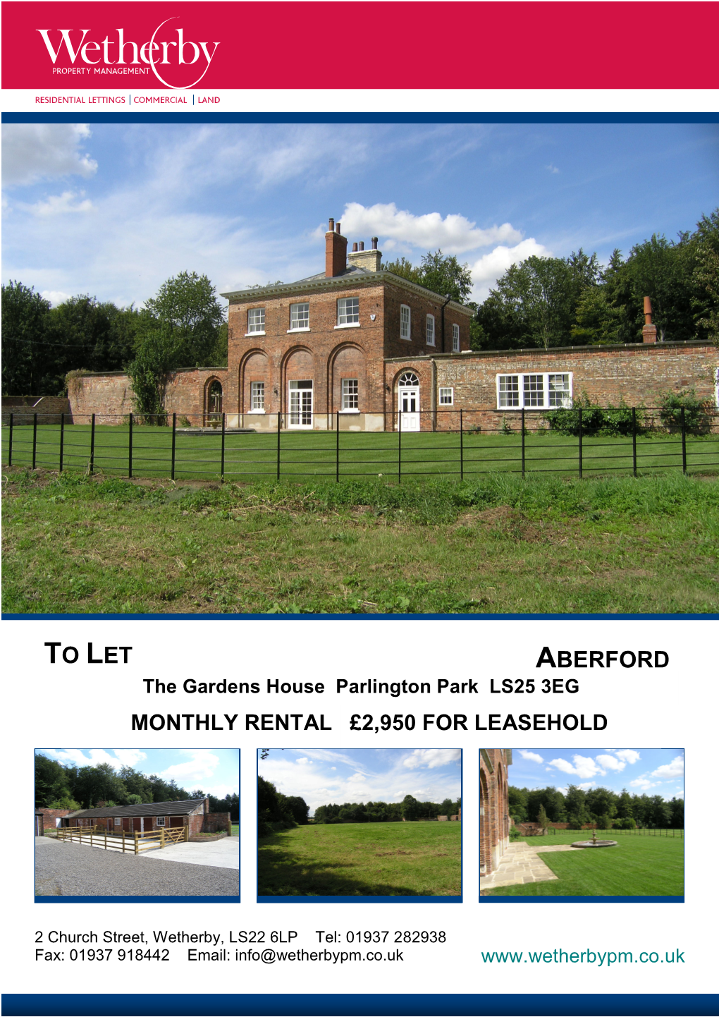 TO LET ABERFORD the Gardens House Parlington Park LS25 3EG MONTHLY RENTAL £2,950 for LEASEHOLD