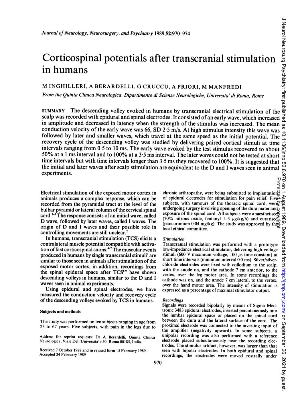 Corticospinal Potentials After Transcranial Stimulation in Humans