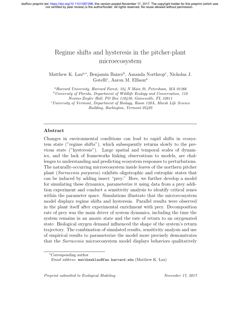 Regime Shifts and Hysteresis in the Pitcher-Plant Microecosystem