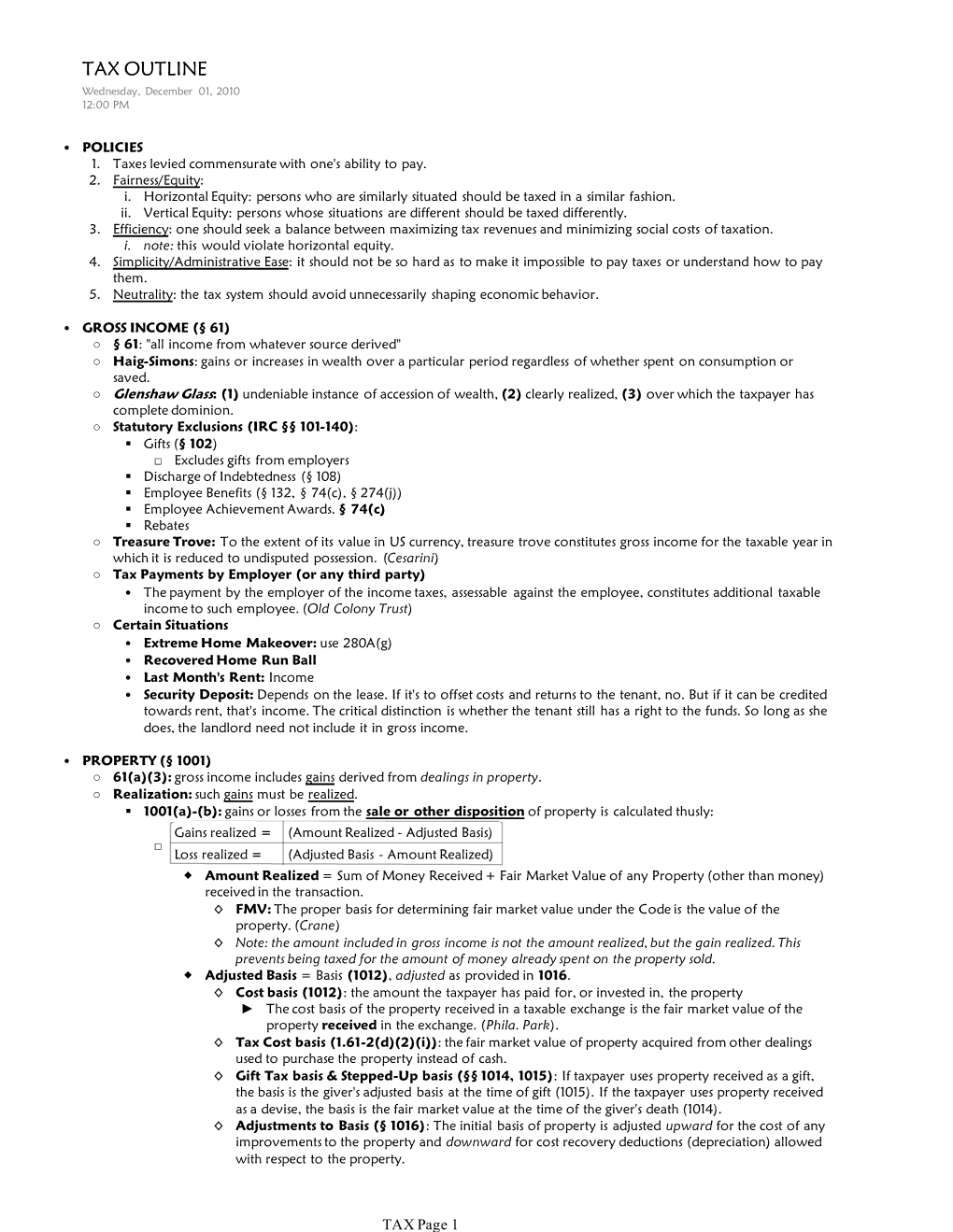 TAX OUTLINE Wednesday, December 01, 2010 12:00 PM